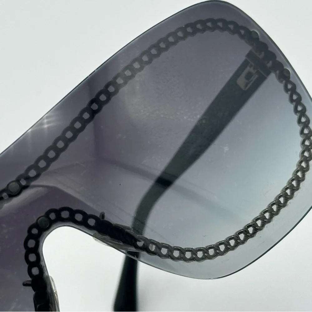 CHANEL Smoke Grey Black Sunglasses Gold Chain Detail Luxury Authentic Designer